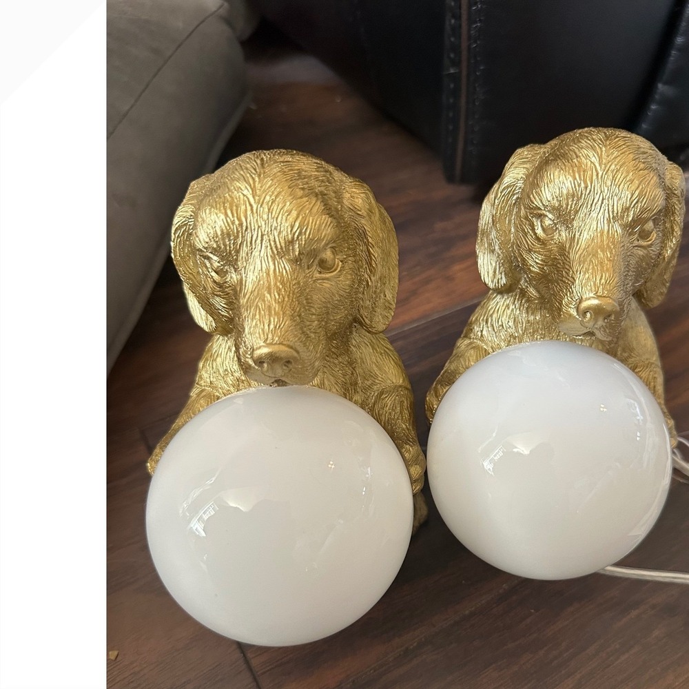 Novogratz Home Gold Dachshund Dog Table Lamps White Globe Pair Set of 2 New